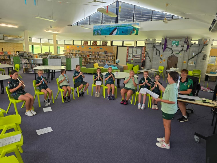 Students learning the recorder